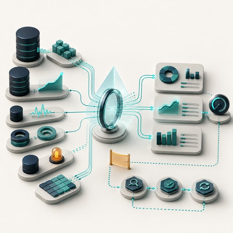 Abstract evidence-first database analyst connecting monitored signals to cited findings and safe next steps.