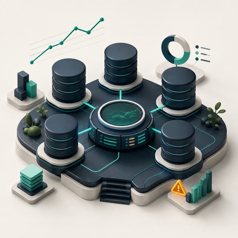 Abstract database portfolio with connected metrics, trends, and attention signals.